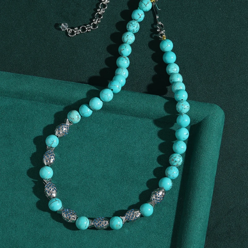 

Vintage Stone Blue Turquoise Necklace Beaded Silver Color Fish Luxury Jewelry Elegant Charms For Woman Accessories Thanksgiving