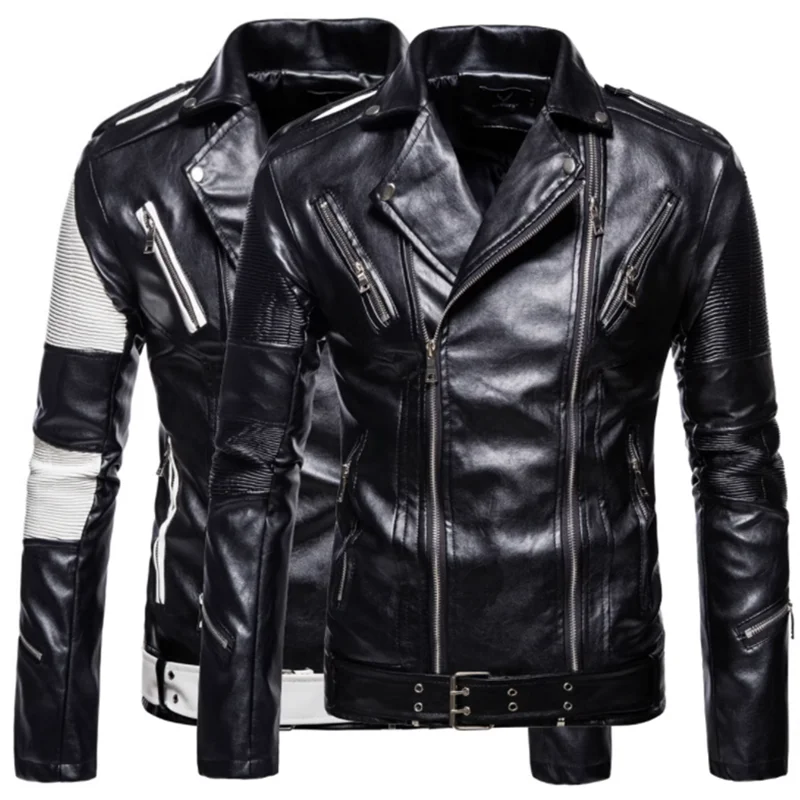 

2023 Black and white color splicing motorcycle leather men denim motorcycle leather jacket fashion multi-zipper oversized size