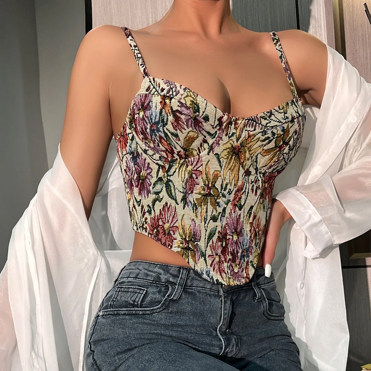 French Vintage Corset Tops Floral Sling Bustier Summer Women Sleeveless Shaperwear Top Crop Bodice Camisole Back Zipper Tank Top