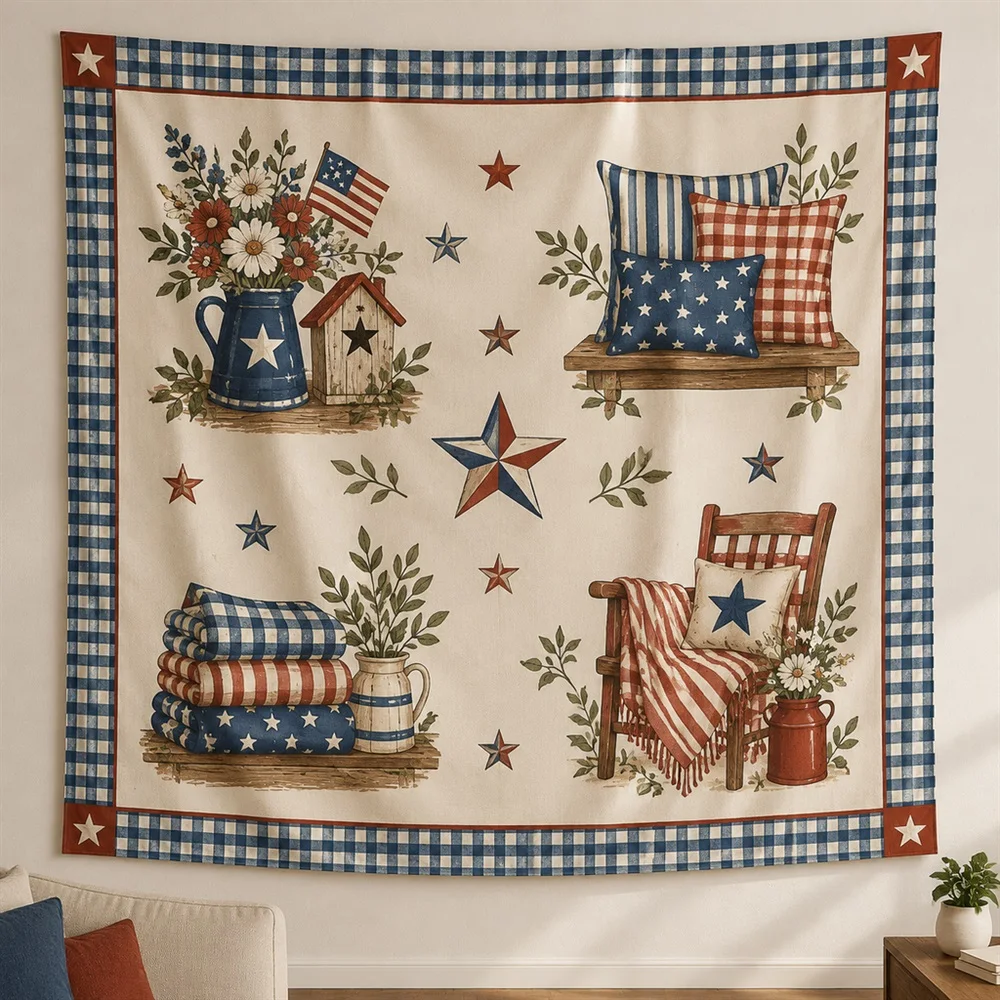VIKAMA Plaid Check Pattern Clustered Groups Tapestry Wall Hanging, American Wall Decor Tapestries for Living Room Bedroom