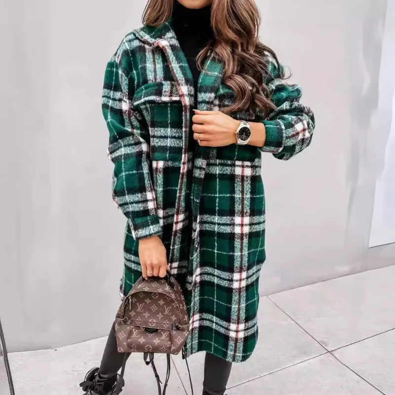 Spring and Autumn Shirt Wool Coats Women\'s Plaid Polished Medium and Long Woolen Coat Jackets Long Sleeve Pockets Blends Outwear