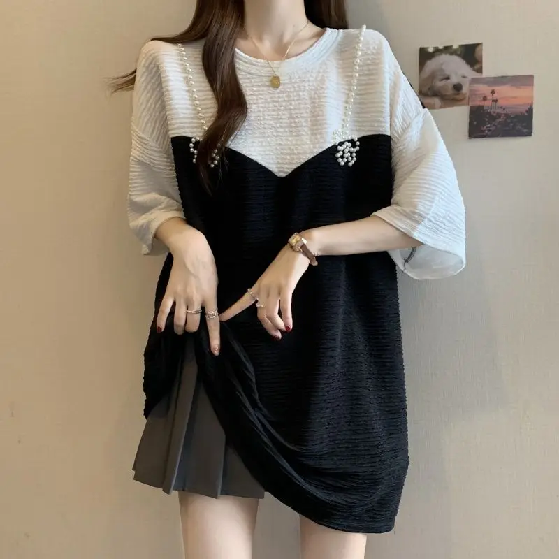 

Lazy Style Contrast Patchwork Loose Tops Summer New Short Sleeve Korean Youth All-match T Shirts Casual Fashion Women Clothing