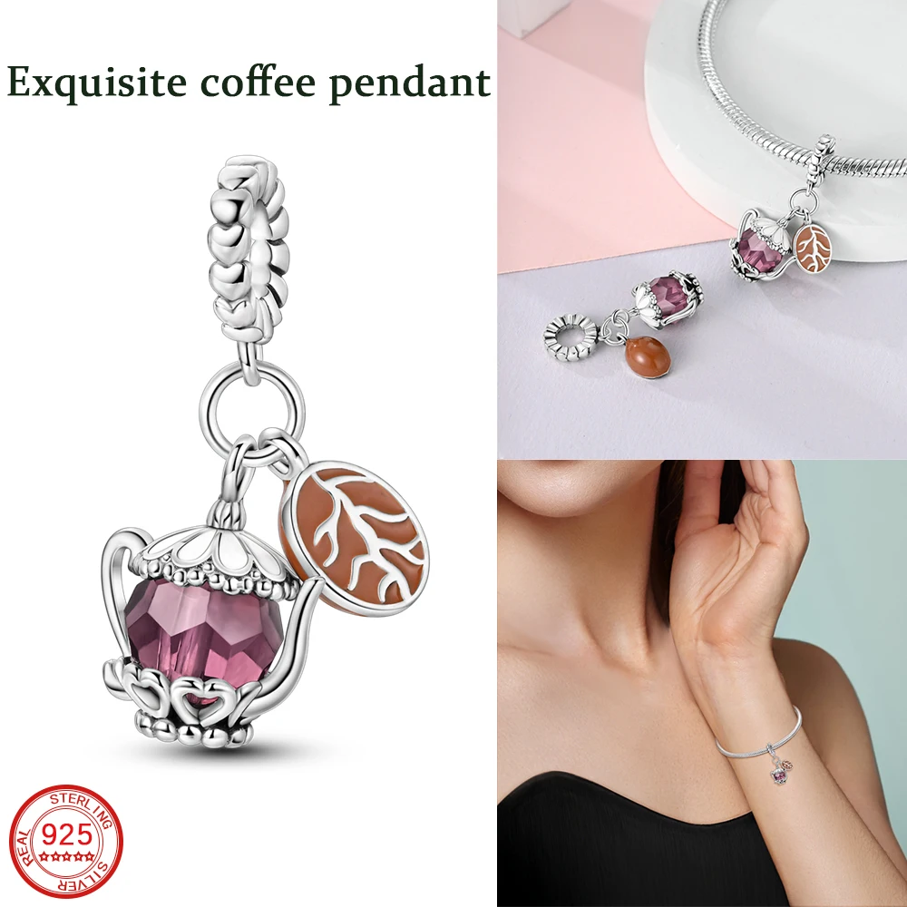 New Cute 925 Sterling Silver Brown Coffee Pot with Coffee Bean Charm Beads Fit DIY Women's Bracelet Necklace Jewelry Accessories