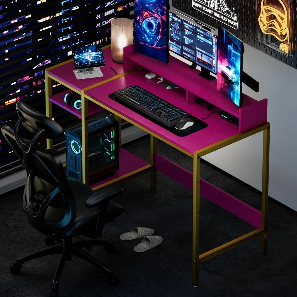 Gaming Desk - 39" Home Office Desk with Storage, Writing Desk with Monitor Stand, Modern Simple Study Corner Table, Adjustable