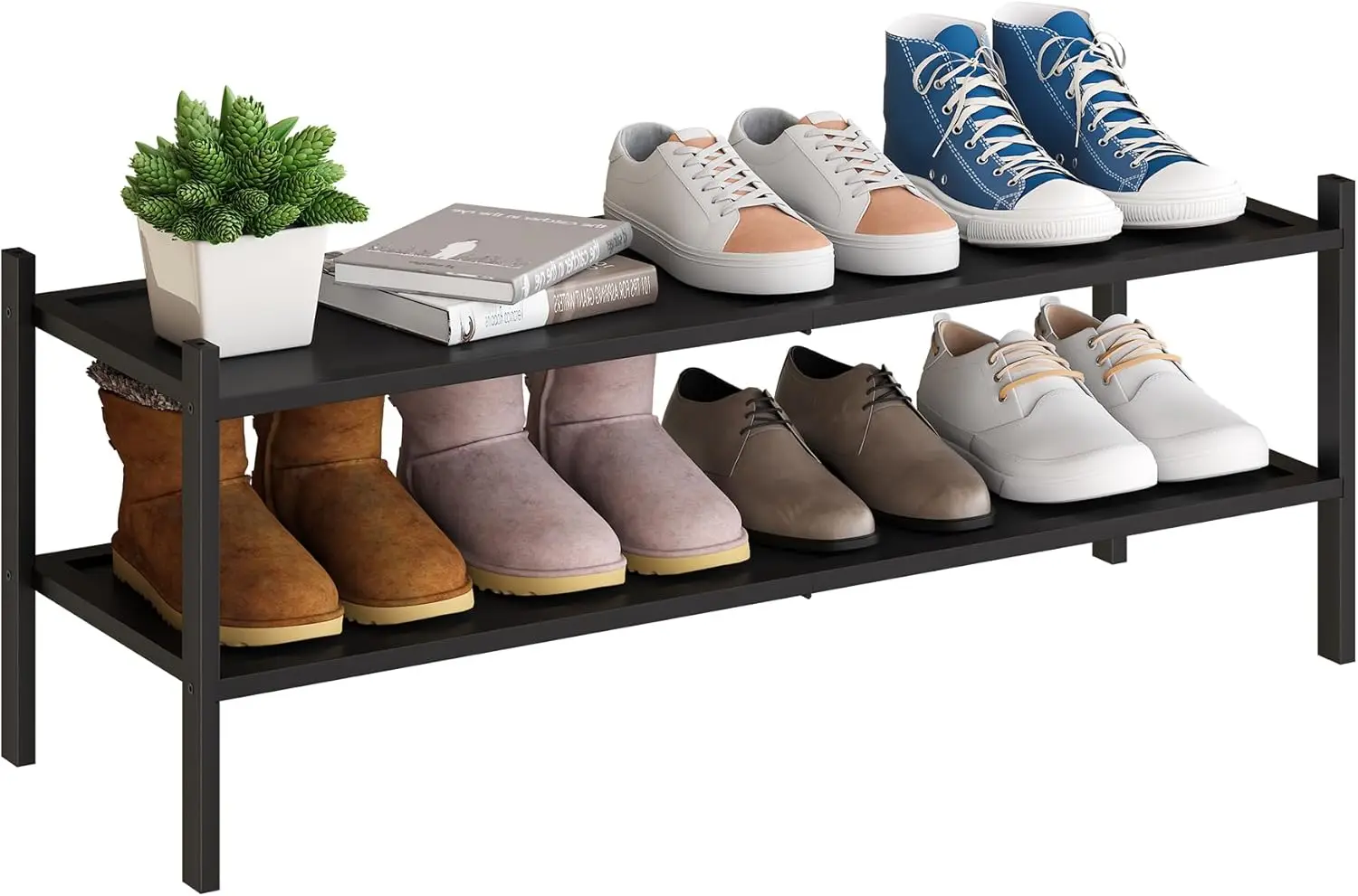 

2-уровневая бамбуковая полка для обуви, штабелируемый органайзер для хранения для прихожей, шкафа, прихожей (черный)