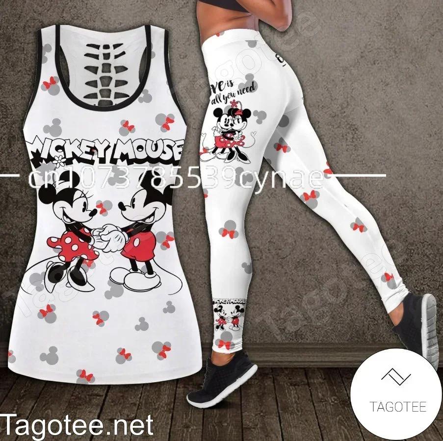 Disney-Chaleco hueco de Mickey y Minnie para mujer, traje de Yoga, Leggings de Fitness, traje deportivo, camiseta sin mangas, conjunto de mallas