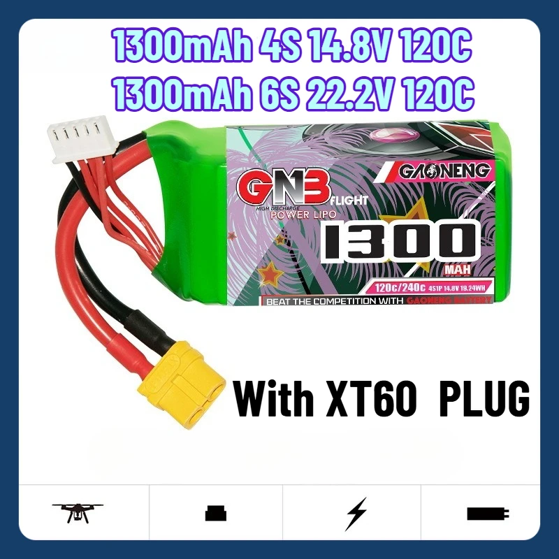 

1300mAh 120C 4S 14.8V/6S 22.2V LiPo Battery with XT60 Plug for 5" Time Traveling Aircraft Model FPV High Rate Lithium Battery