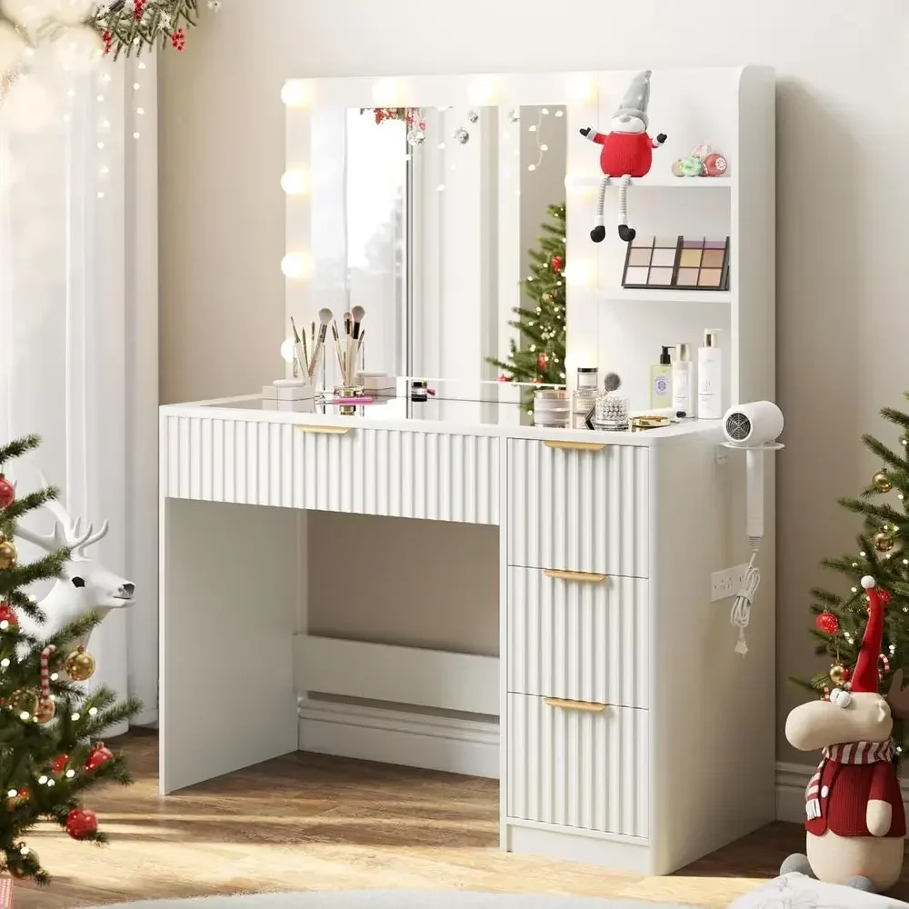 36 LED Lighted Makeup Vanity Desk with 4 Drawers, Tempered Glass Top, Charging Station, Suitable for Bedroom, Dorm, Women & Girl