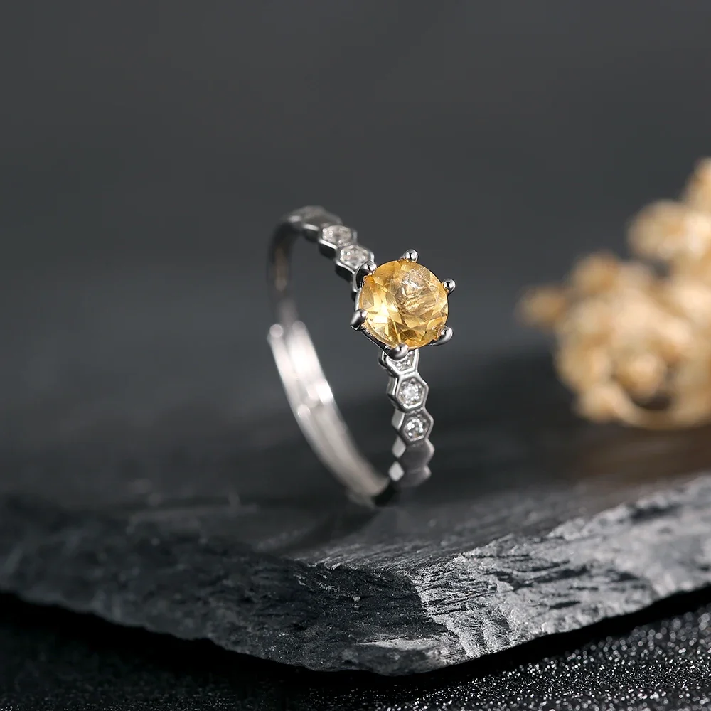 Adjustable 925 Silver Ring 6.5mm Natural Citrine Stone Open Band Bohemian Yellow Golden Sunstone Jewelry Wealth Gift