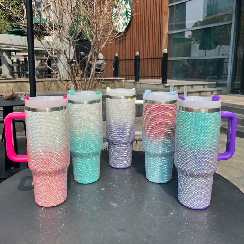 304Stainless Steel40Large Capacity Portable Rhinestone Straw Cup with Handle Ice Cup