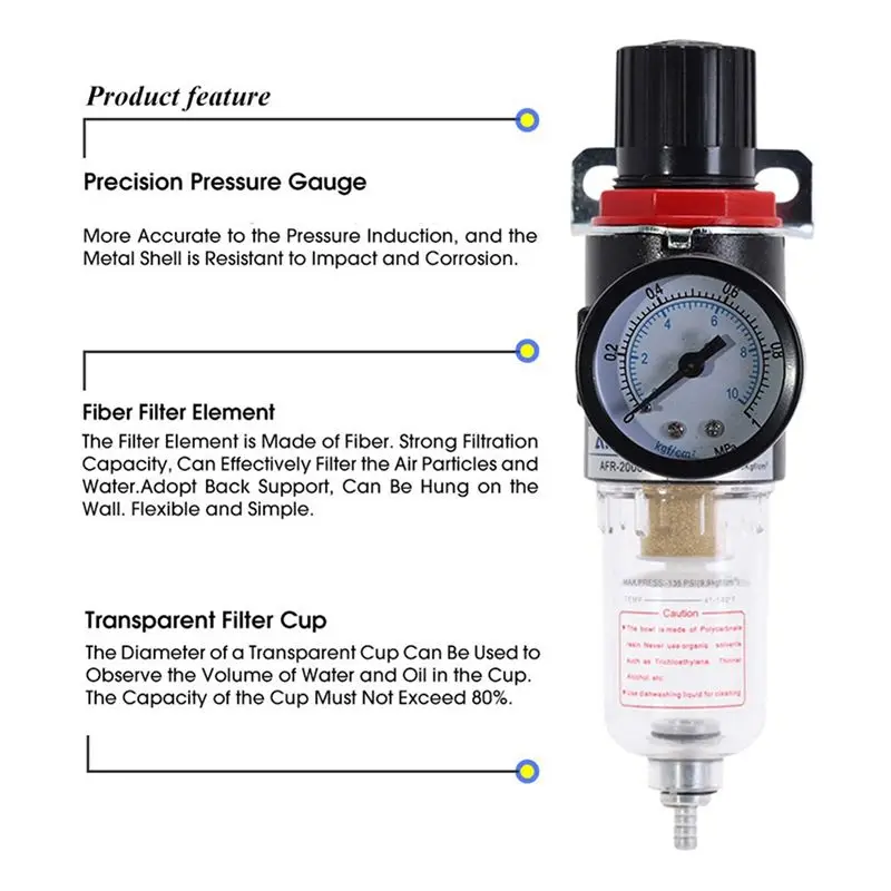 DT15 2X Air Filter Pressure Regulator AFR2000 Water Separator for Air Compressor, 1/4 Inch 10mm Connector Aluminum+ABS