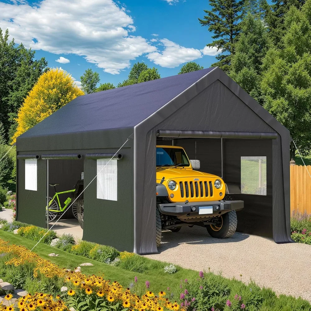 

Carport, сверхмощный карман 12x20 футов с боковым открытием двери и свернутыми окнами, навесом для автомобильного порта, портативным гаражом для автомобиля на открытом воздухе