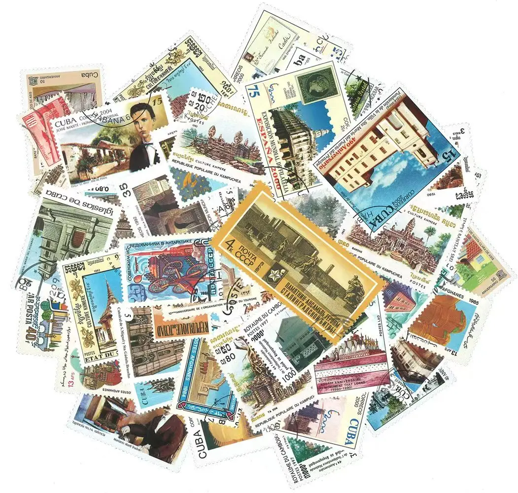 100Pcs/Lot World Buildings Castles & Churches Postage Stamps, All Different No Repeat Used Marked Stamps for Collectors
