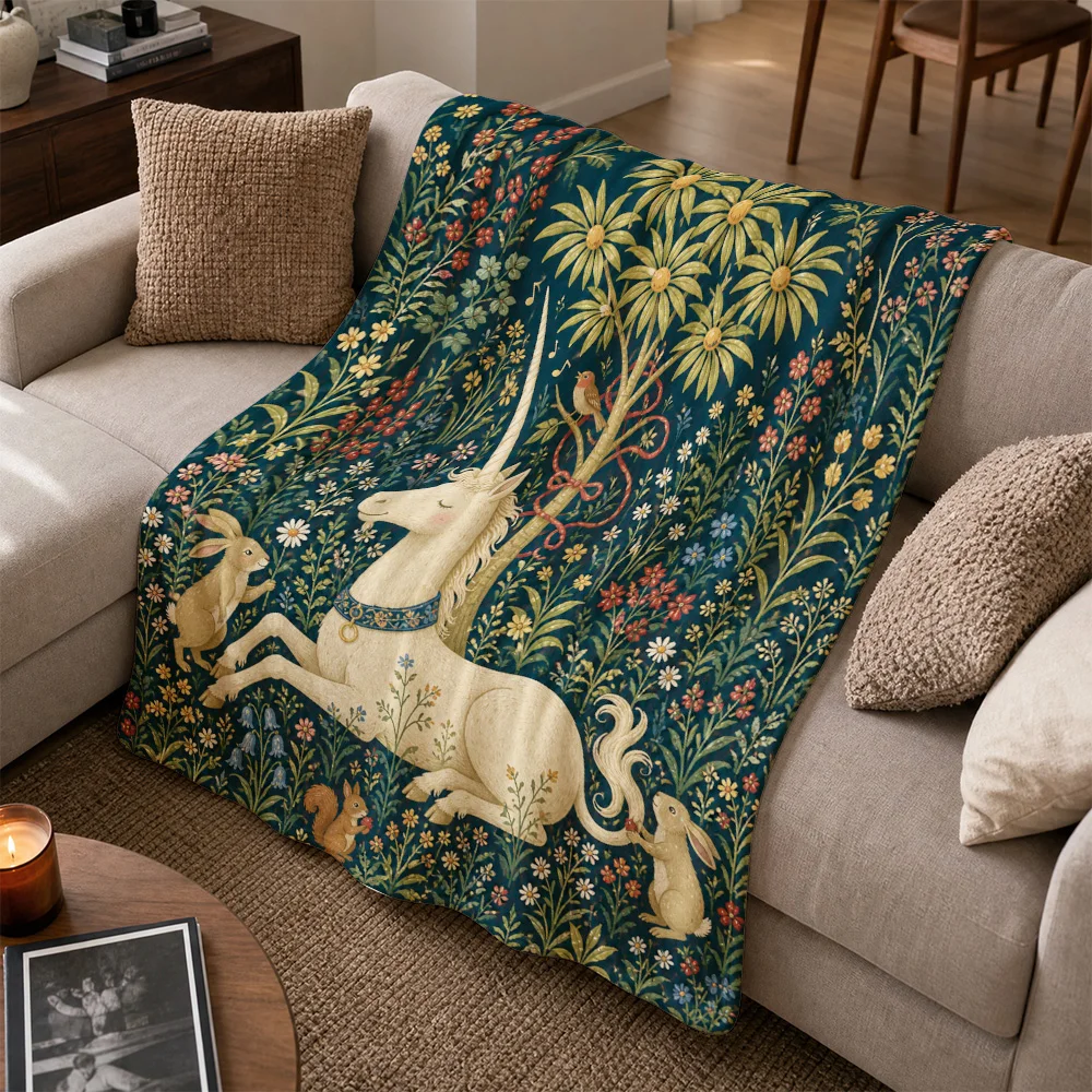 Whimsical Unicorn Forest Throw Blanket for Sofa Couch Decorative Boho Tapestry Cottagecore Animal Floral Print Cozy Autumn Winte
