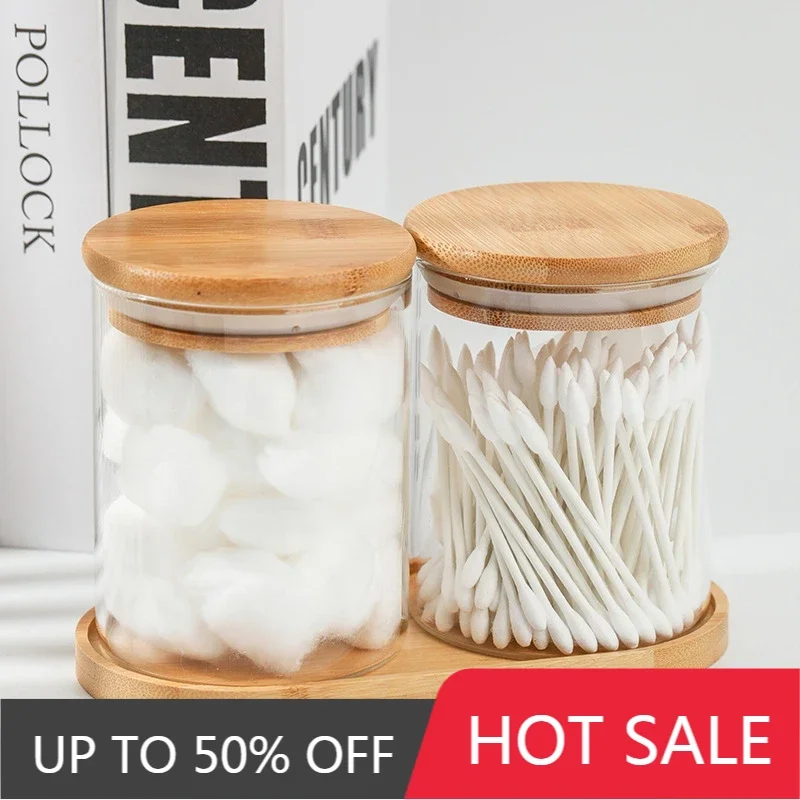 Modern Transparent Glass Jar Cotton Swab Box Bamboo Lid Sealed Seasoning Jar Multigrain Food Storage Container Kitchen Utensils
