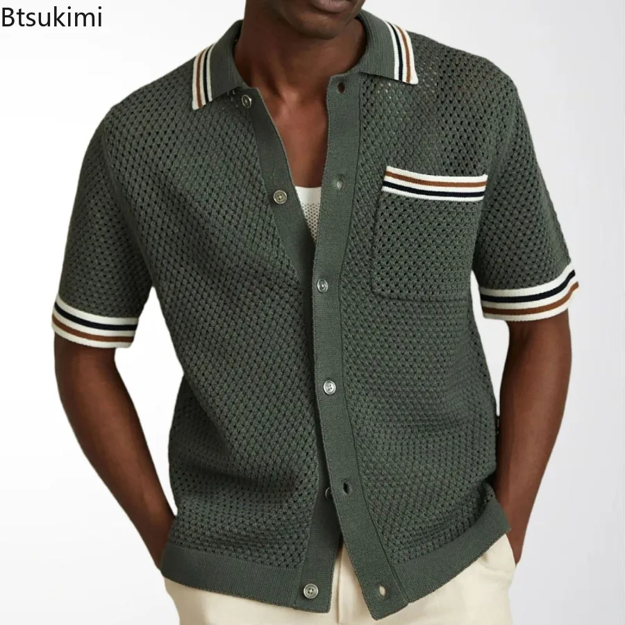 Polo de manga corta para hombre, cárdigan ajustado de punto para negocios, ropa de calle informal, Tops masculinos, primavera y verano, 2024
