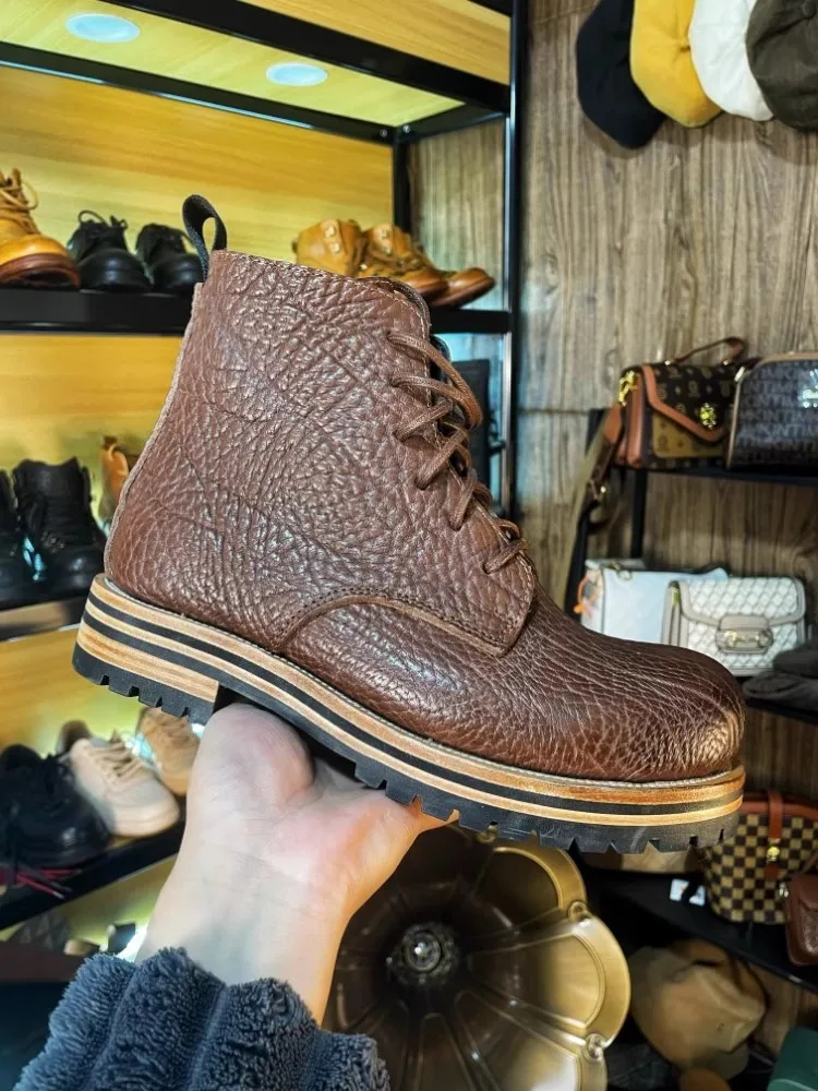 اليدوية الرجال عالية الجودة بوط من الجلد الطبيعي الدانتيل يصل جولة تو البضائع العمل عالية أعلى أحذية الذكور Vintage دراجة نارية أحذية بوت قصيرة #6