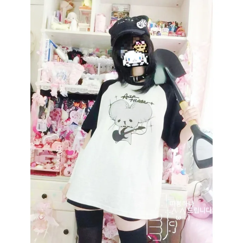 

Casaul White T Shirt Women Harajuku Subculture Summer 2024 Tees Loose Cosplay Kawaii Cute Y2k Cartoon Print Shorts Sleeve Tops