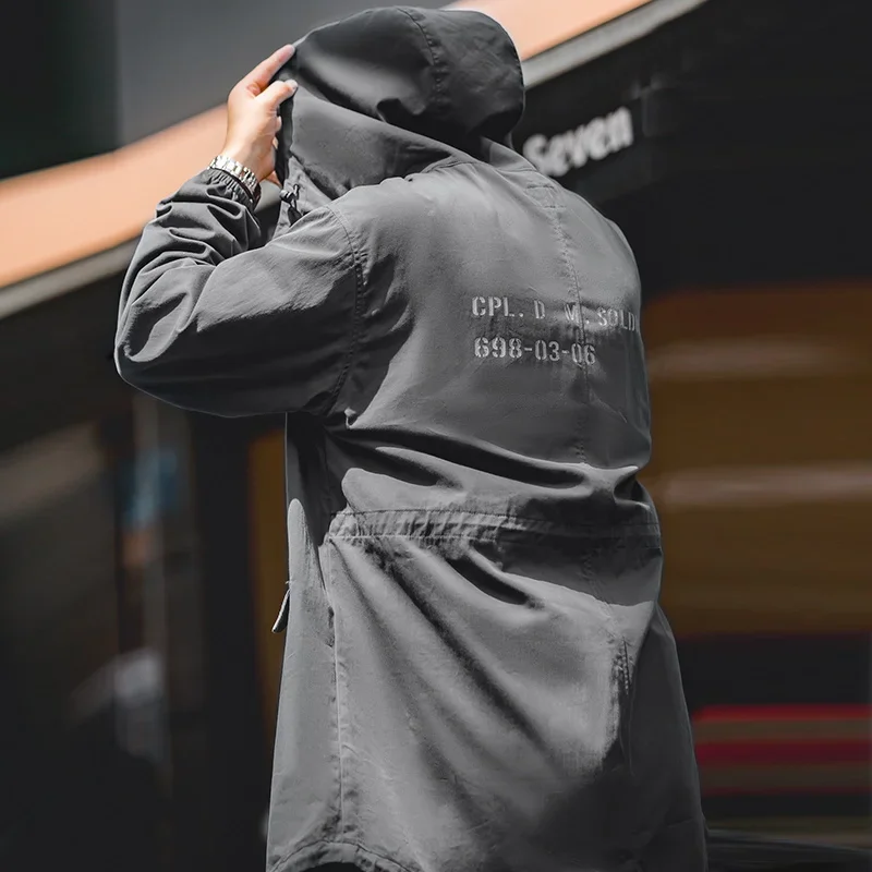 

Retro Tactical M51 Windbreaker Hooded Parka Fishing-tail Hem Print Jacket Long-length Gray Overcoat for Mens Fall Outerwear