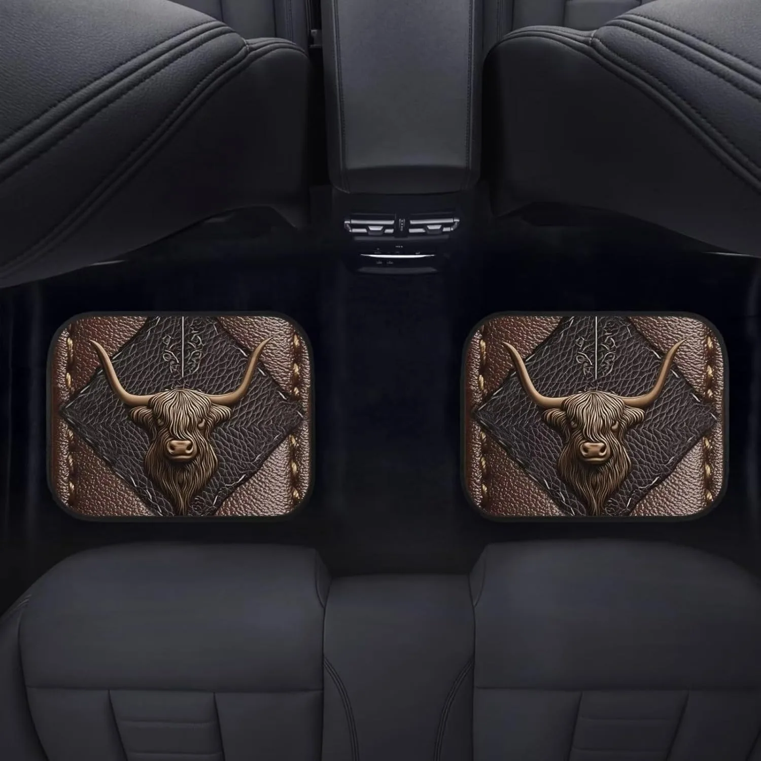 Complete Set Of Highland Cattle Car Floor Mats, Featuring Anti-Slip Front And Rear Carpets With Rubber Backing, Designed For Com