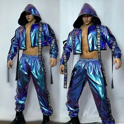 Colorful Laser Hoodies Coat Pants Men Hip Hop Clothing Bar Ds Dj Gogo Dancer Costumes Stage Performance Rave Outfits XS8089