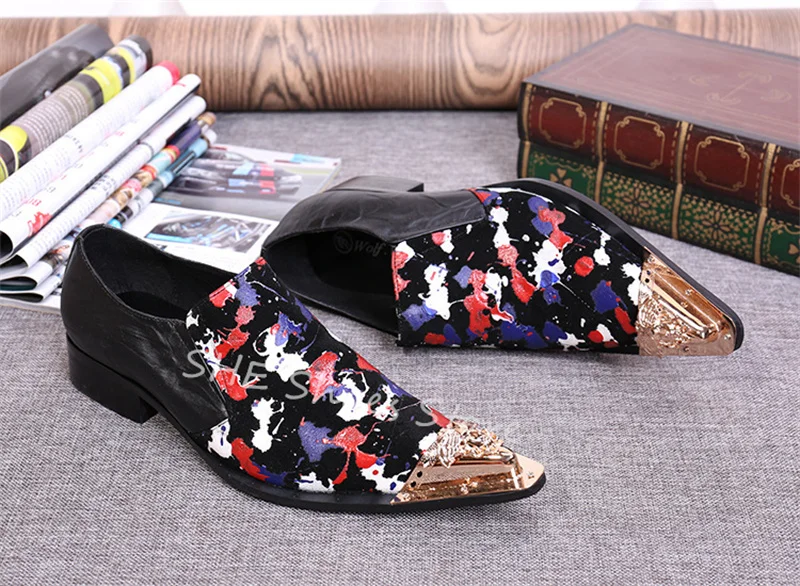 Fashion Metal Pointed Toe Loafers for Men Mixed Color Graffiti Prints Shallow Slip-On Casual Shoes Male Party Wedding Oxfords image 4
