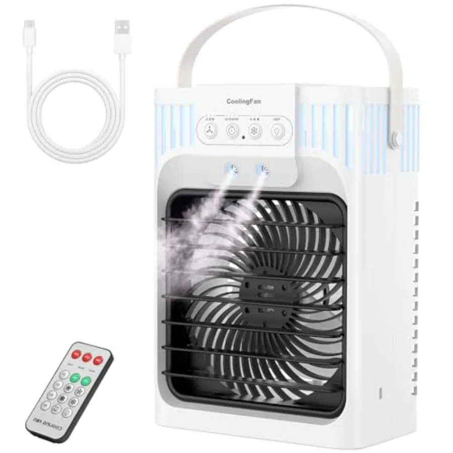 

Portable air conditioner for bedroom, car, office, dorm, RV: evaporative cooler fan with 1200ML water tank, 7 RGB light modes,