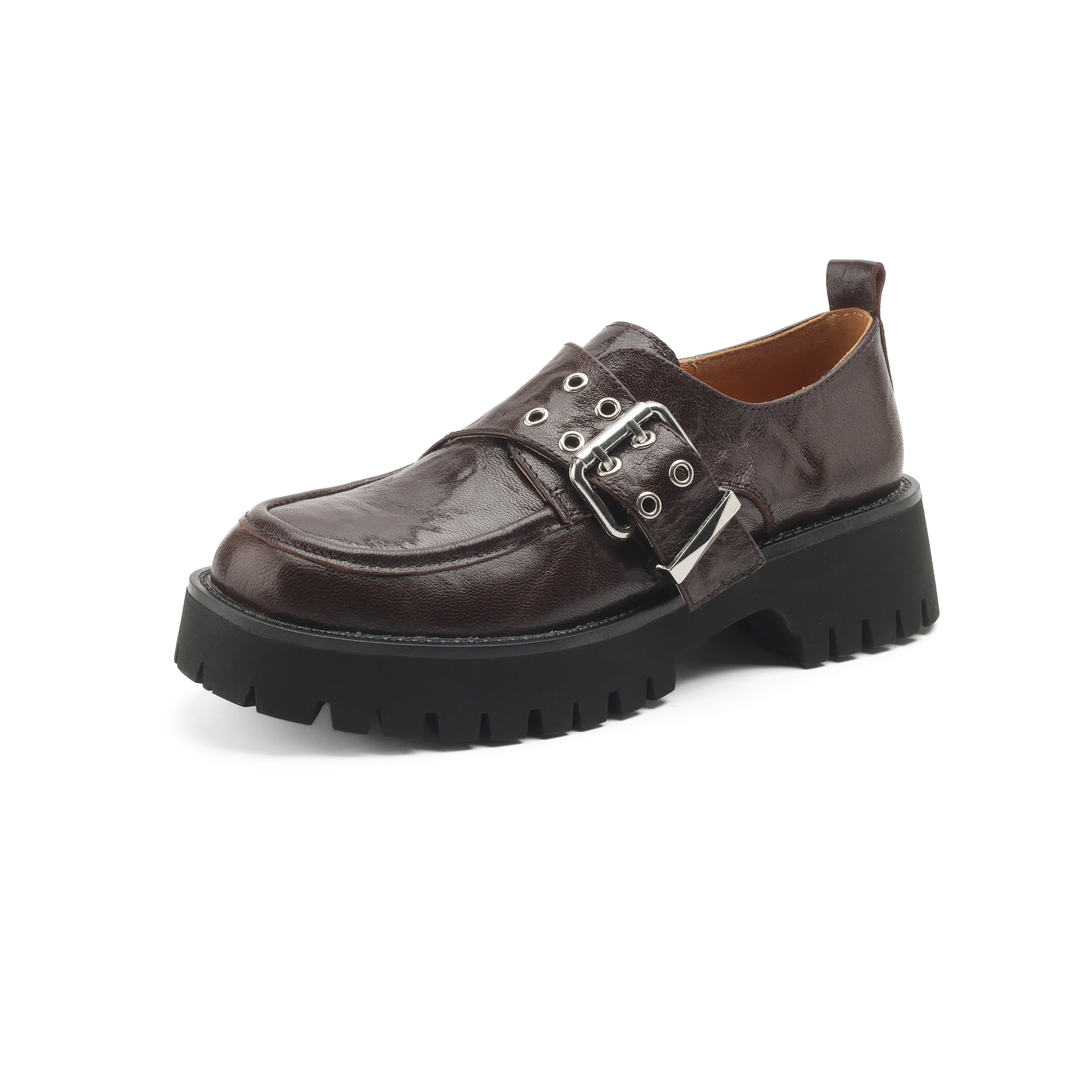 

Genuine Leather Sheepskin Women Loafers Fashion Vintage Punk Belt buckle Block Oxford Loafers Chunky Womens Casual Shoes