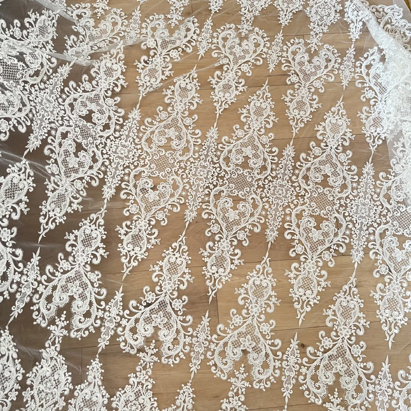 Embroidery Ivory Sequins Lace Fabrics Materials for Clothes Decoration Mariages French Lace Fabric Tulle 130CM Wide