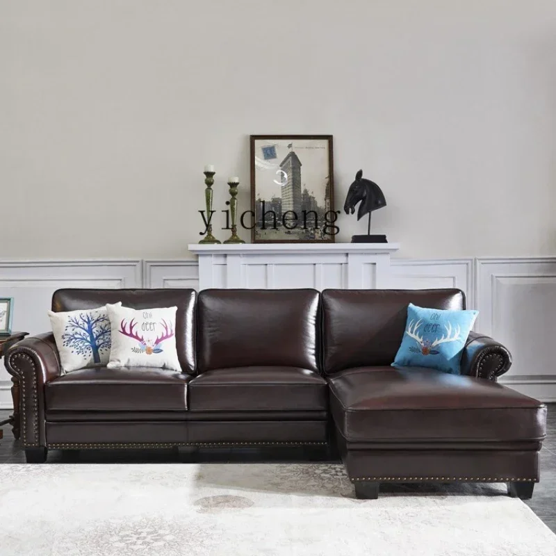 

sofa leather corner first layer cowhide rural small apartment living room retro