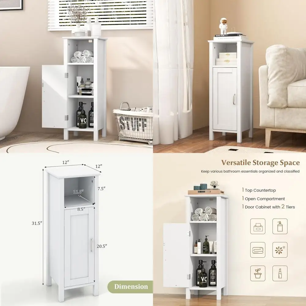 

Узкий отдельностоящий шкаф для хранения в ванной с регулируемыми полками, подходит для гостиной, кухни и прихожей, белый
