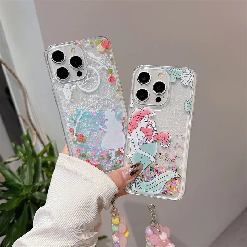 Custodia INS Disney rrincon Alice Mermaid Ariel Quicksand per Apple iPhone 15 14 13 12 11 Pro Max Cute Cartoon Back Protect Cover