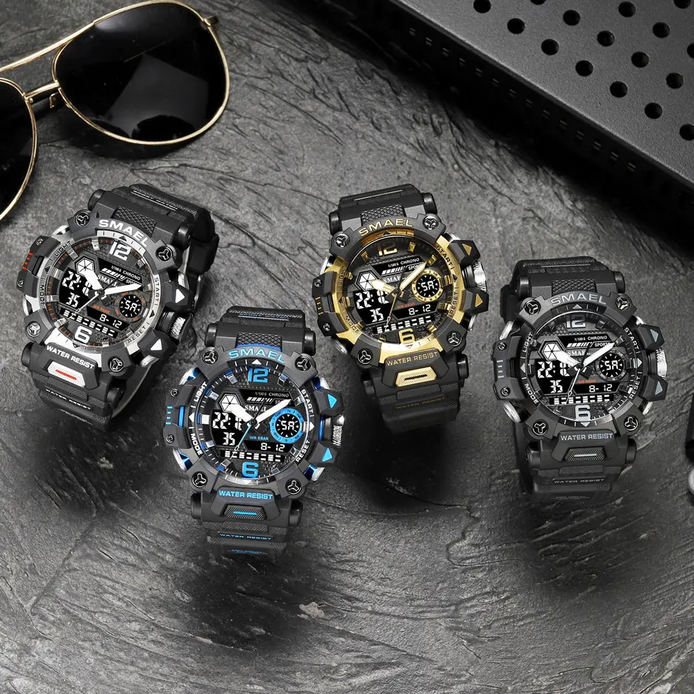 Smael Sport Dual Time Horloges Voor Mannen Waterdichte Klok Militaire Blue Back Light Led Display Alarm Stopwatch Horloge Mannelijke Gift