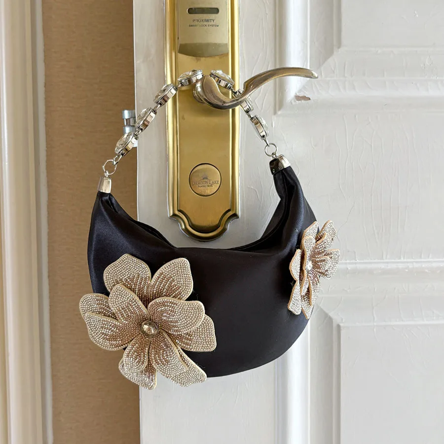 French Shiny Handmade Rose Flower Silk Satin Dumpling  Diamond Clutch  Crossbody  Dress Dinner Bag