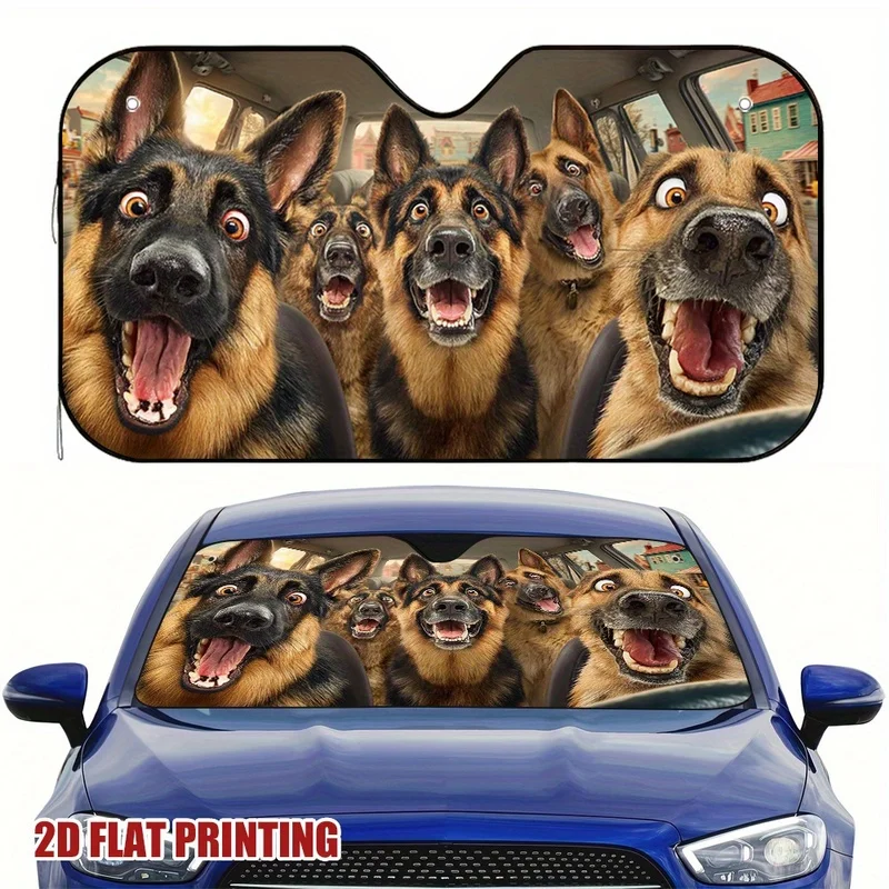 2D FLAT PRINTING Funny German Shepherds Car Ride Unique Design Sun Shade, Perfect for Various Driver Needs & Enhances