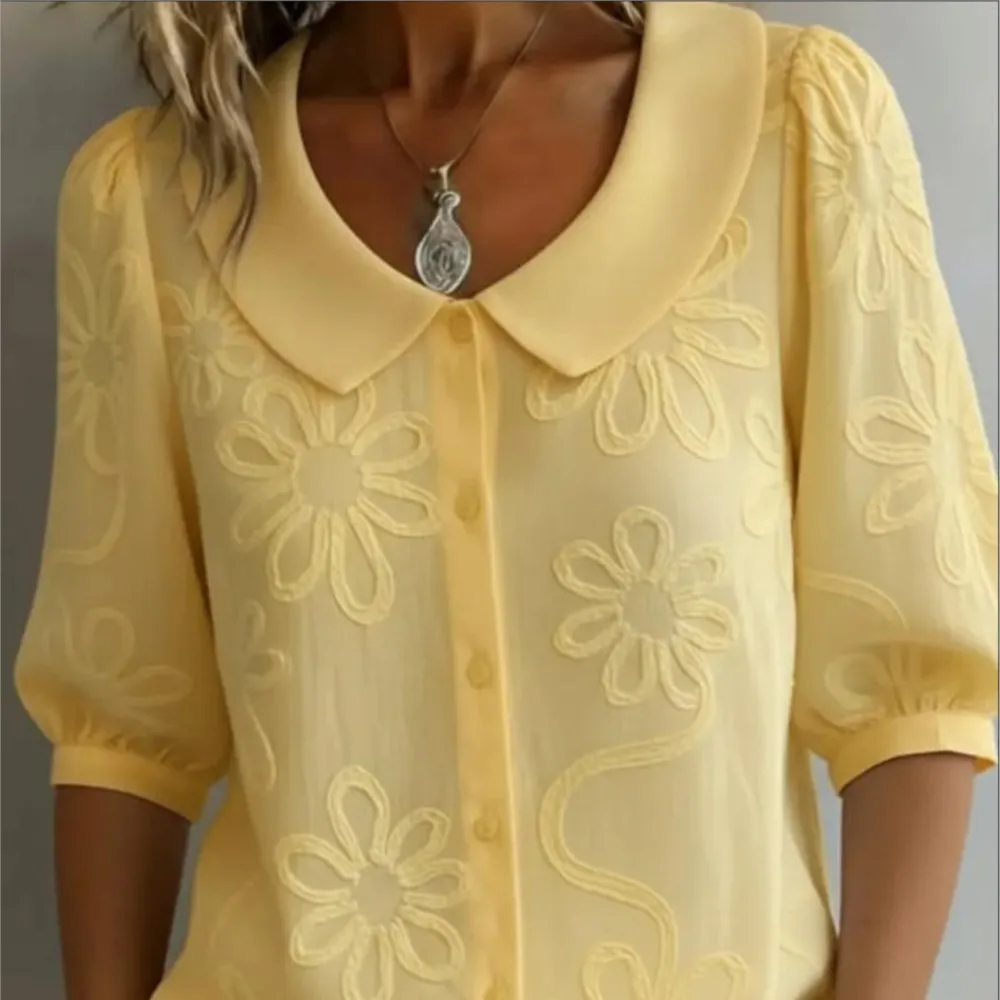 

Spring Summer Elegant Shirt Solid Color Embroidery Loose Comfortable Commuter Style Mid-sleeve Single-breasted Doll Collar Tops