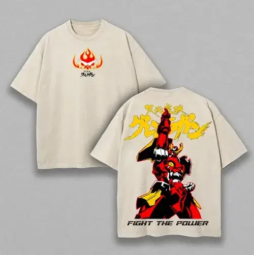 Gurren Lagann Oversized Tee – Washed Heavyweight Cotton, Double Printed Kamina & Simon Mecha Graphic with Spiral Energy Aestheti