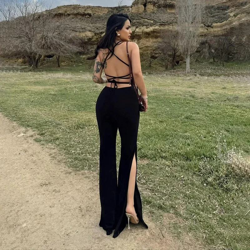 Sexy Black Jumpsuits Women Summer Fashion Backless Bandage Skinny Split Rompers New Sleeveless Streetwear Casual Simple Overall