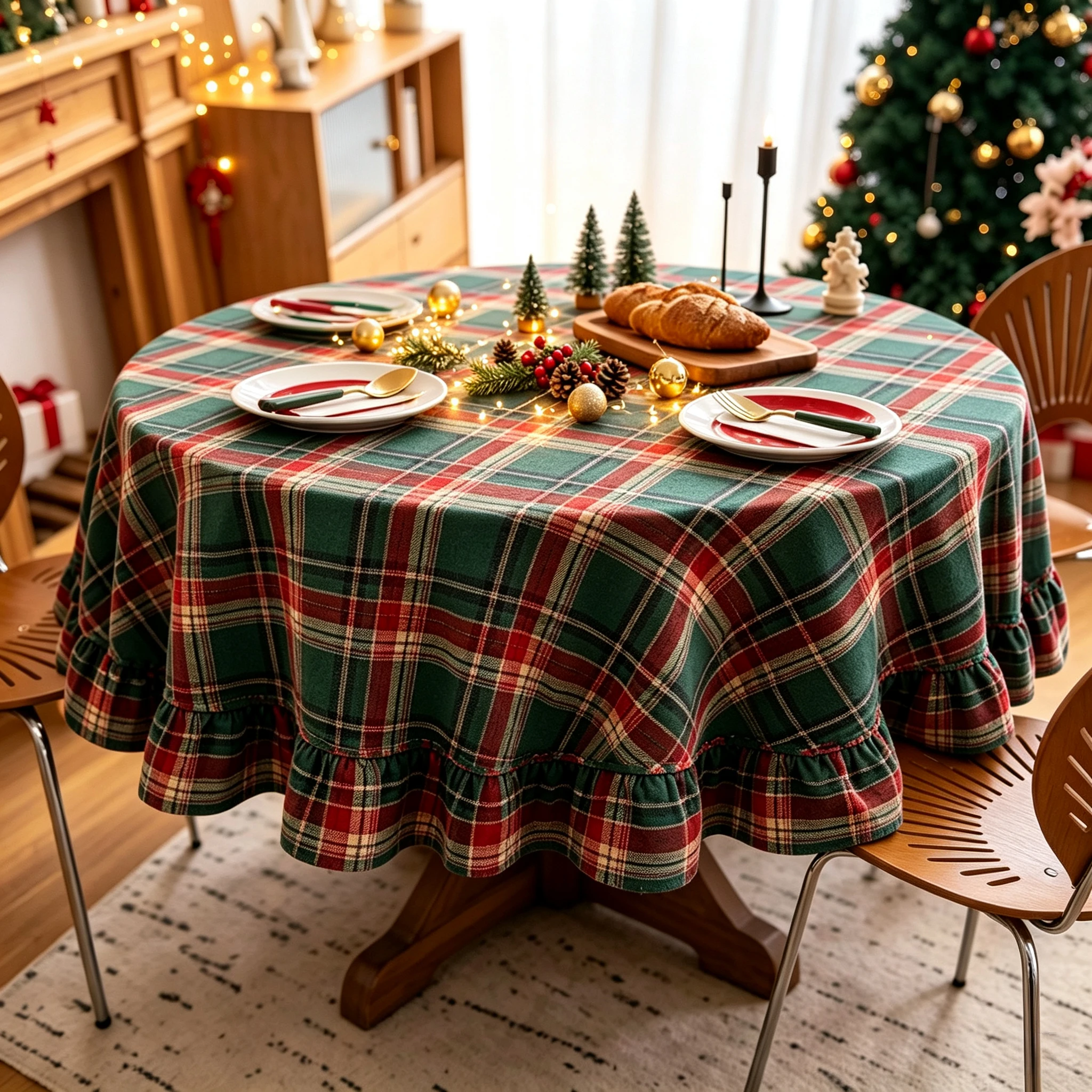 Christmas Plaid Ruffle Round Tablecloth, Winter Xmas Buffalo Gingham Table Cover Washable for Wedding Dinner Holiday Party Decor