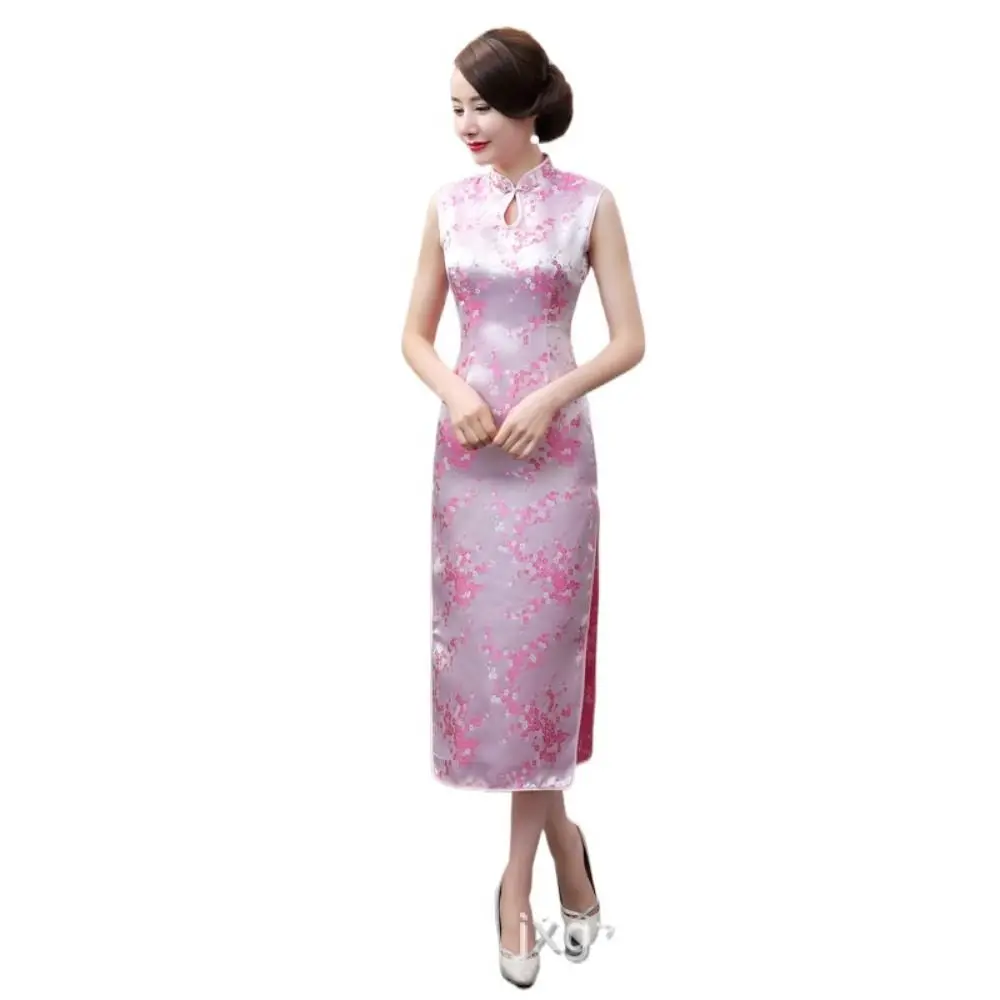 

Comfortable Floral Print Cheongsam Dresses Chinese Style Mandarin Collar Bodycon Dresses Sleeveless Vintage Chinese Qipao Club