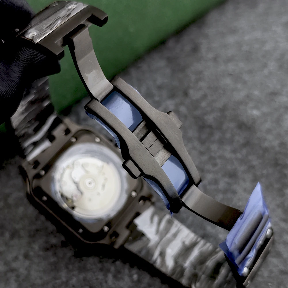 ساعة Santos NH35 9.5 ساعة مربعة من الفولاذ المقاوم للصدأ بشعار مخصص للرجال ساعة أوتوماتيكية NH35 ساعة يد تعمل بالحركة