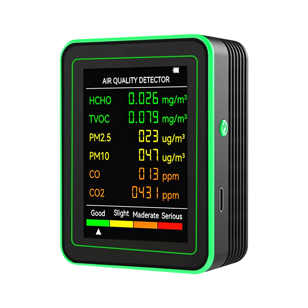 Produktbild von Cuifati 6-in-1 Luftqualitätsmonitor – Misst CO₂, CO, TVOC, HCHO, PM2,5 & PM10 – Tragbar Mit LCD & Akku Für Zuhause
