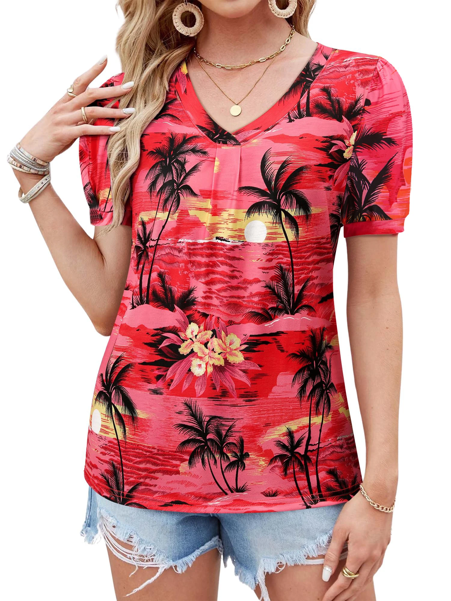 Womens Puff Short Sleeve Hawaiian Shirts Floral Tropic Printed Pleated V Neck Summer Casual T-Shirt Trendy Boho Blouses Tops