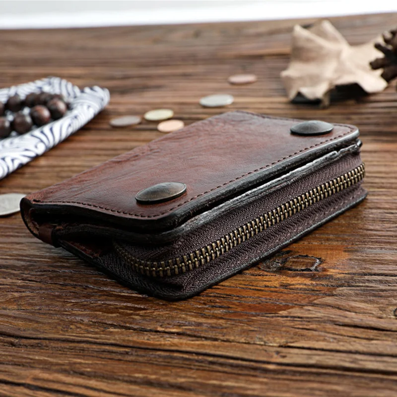 Genuine Leather Wallet For Men Luxury Brand Vintage Handmade Mens Short Bifold Wallets Purse With Zipper Coin Pocket Card Holder