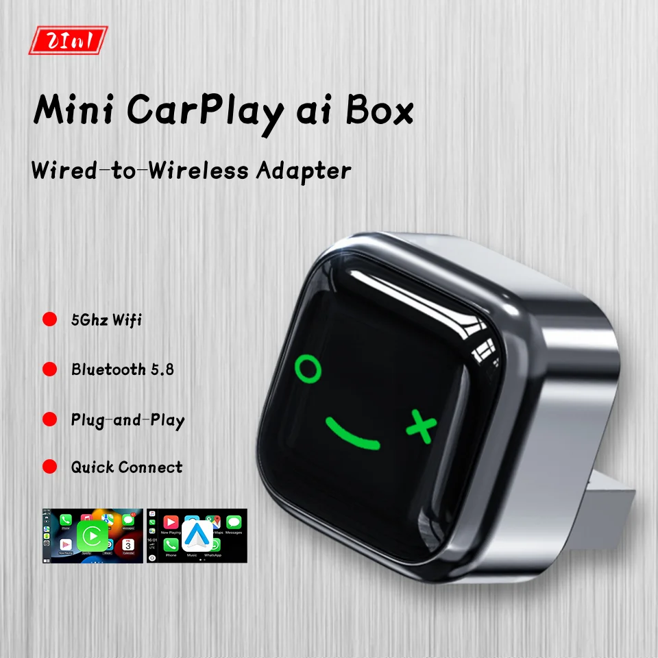 

2in1 CarPlay Mini AI Box Wireless Apple CarPlay & Andriod Auto Multimedia Adapter 5Ghz WiFi BT 5.8 Type-C / USB Pors Plug & Play