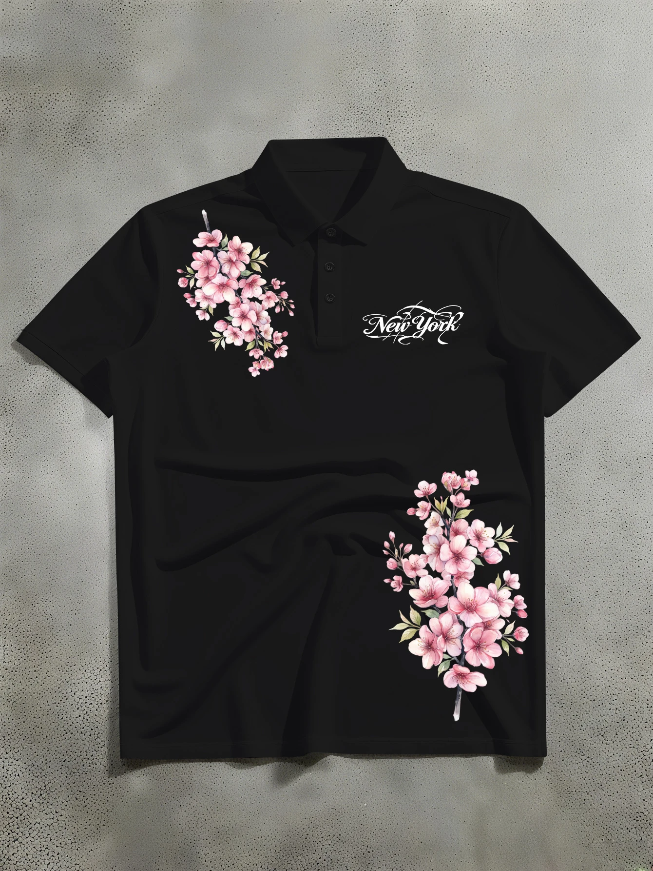 Women Short Sleeve Polo Shirt Cherry Blossom Floral New York Letter Print Lapel Collar Button Casual Daily Ladies Tops Blouse