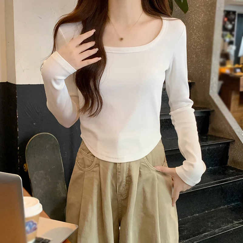 Spring Fitted Solid Casual Basic T-Shirt For Women  Clothes  Mujer Camisetas Long Sleeve Cotton Tee Shirt