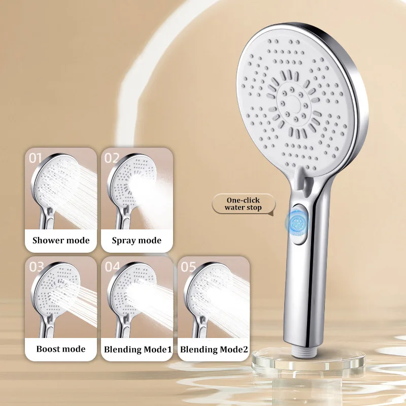 

5-function large water output booster filter handheld shower one-button water stop silicone panel bathroom shower head