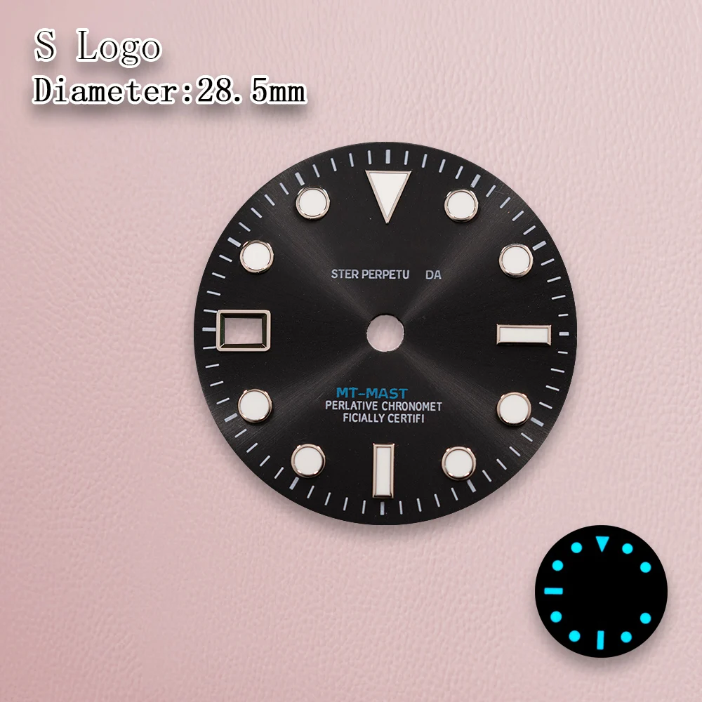 S Logo 28.5mm Gmt Dial Black Sun Dial 9 o'clock calendar Fit NH34 Movement Ice Blue Luminous Watch Modification Accessories ﻿