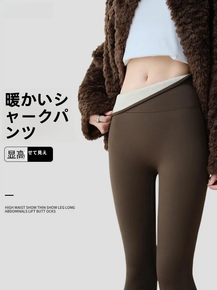 Victoria Fleece Lined Shark Bite Pants High Waist Thickened Winter Yoga Trousers Women's Casual High Waist Warm Base Layer Pants